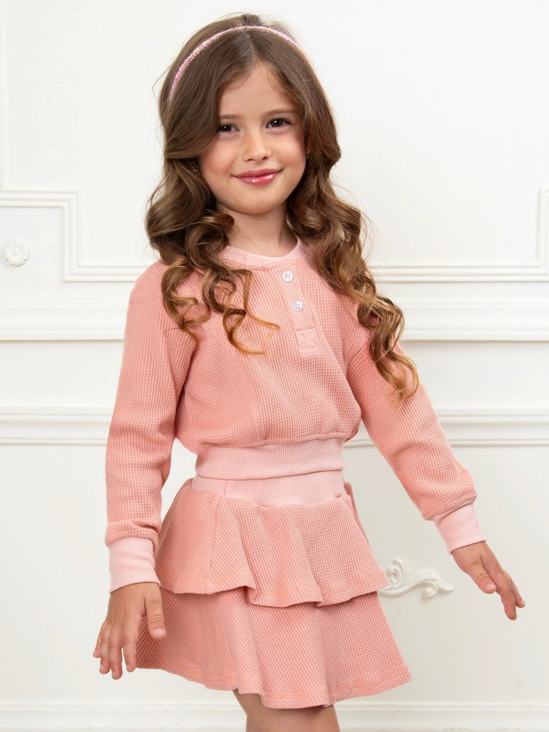 Girls waffle knit henley top and ruffle skort set