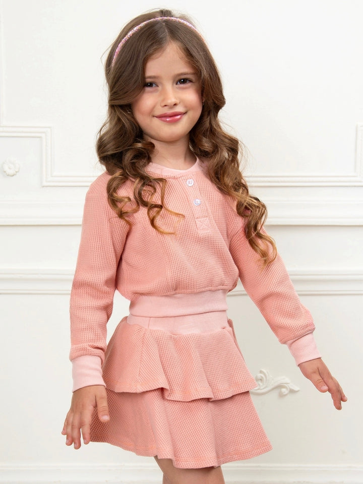 Girls waffle knit henley top and ruffle skort set