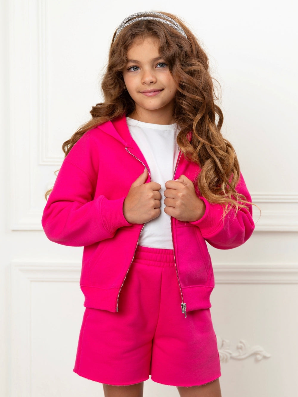 Girls bright pink fleece hoodie and short set