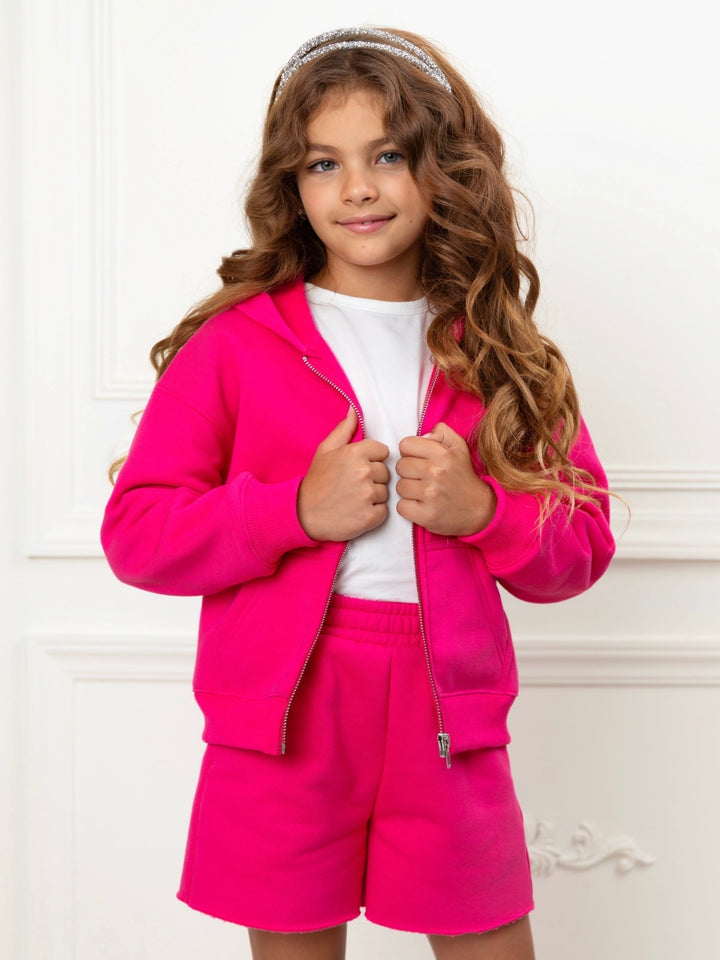 Girls bright pink fleece hoodie and short set