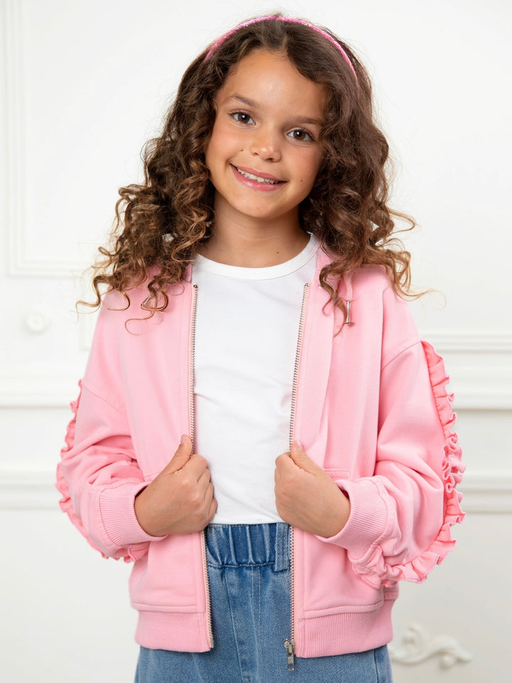 Girls pink hooded jacket featuring ruffle trim accents