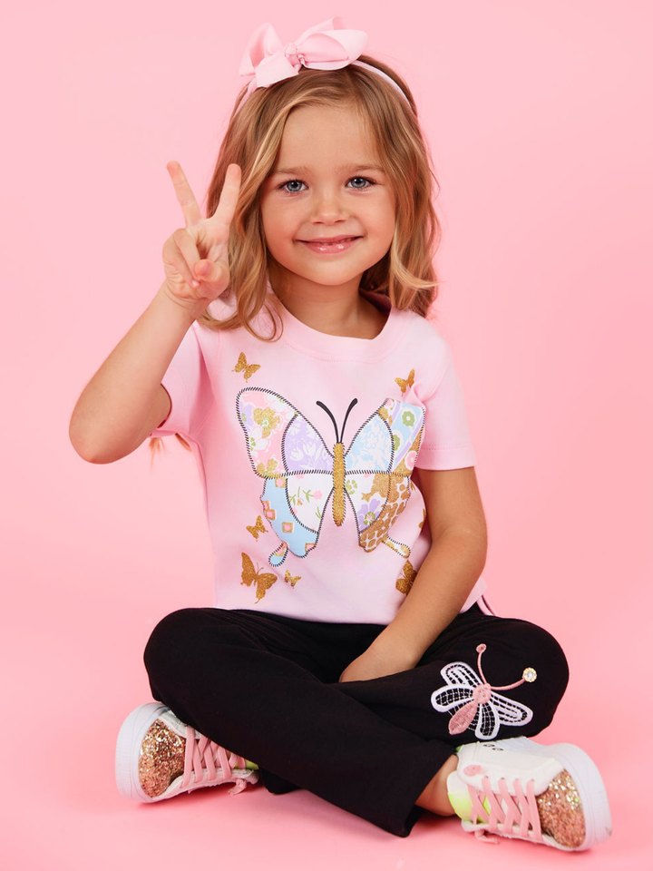 Butterfly Wings Artisan-Stitched Black Cotton Leggings