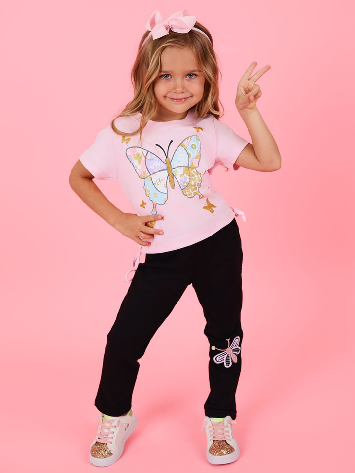 Butterfly Wings Artisan-Stitched Black Cotton Leggings