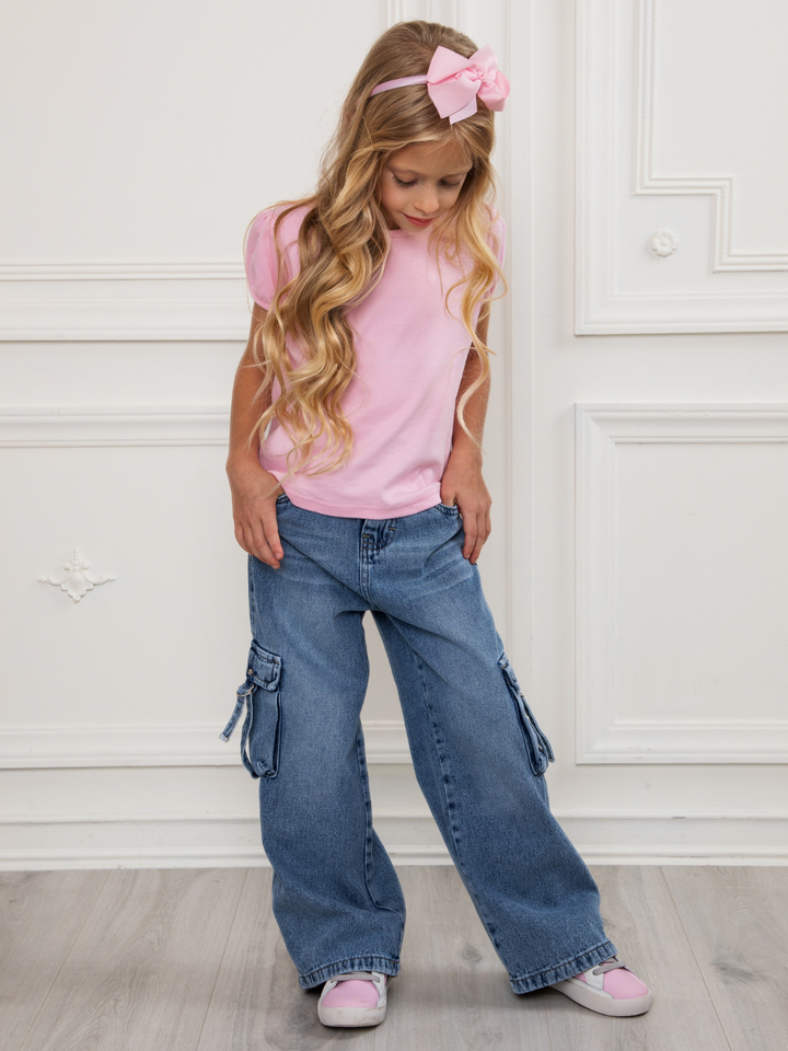 Everyday Luxe Wide Leg Cargo Jeans in Medium Wash Peruvian Denim