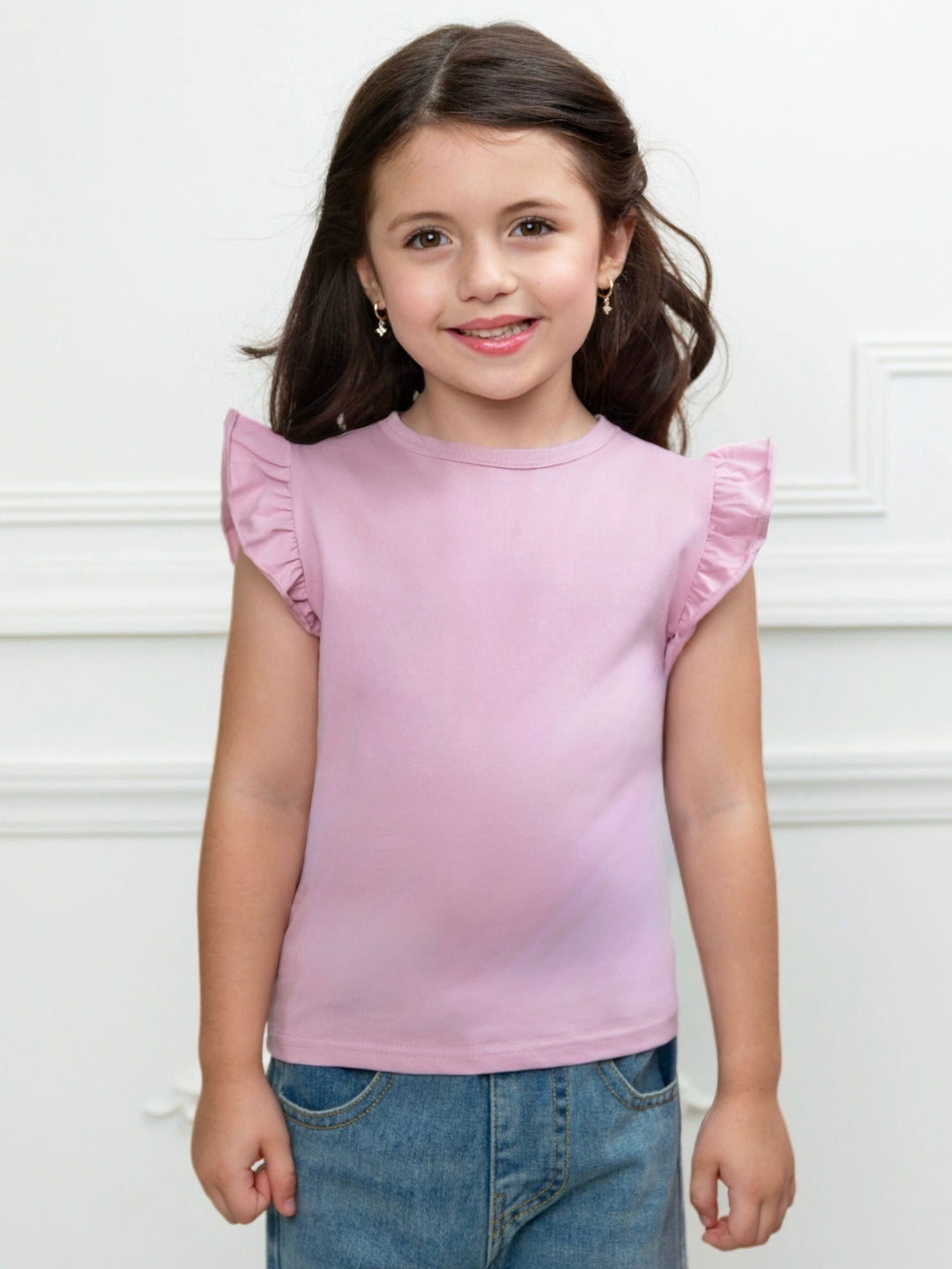 Girls pink flutter sleeve top with ruffle shoulder details