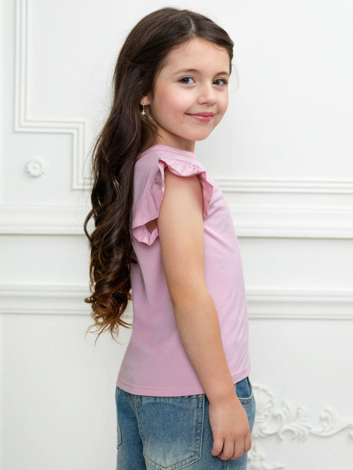 Girls blush pink short sleeve top with feminine flutter sleeves