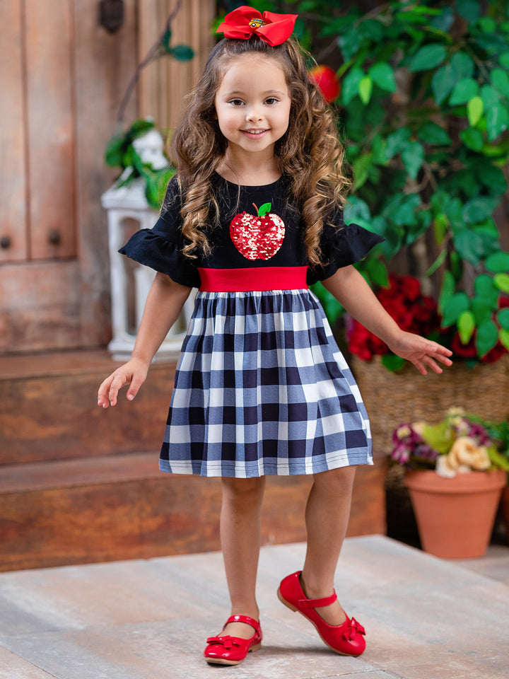 Back To School Dresses | Sequin Apple Plaid Dress | Mia Belle Girls
