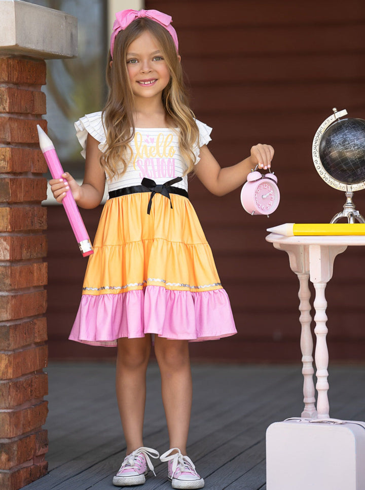 Mia Belle Girls Hello School Tiered Dress | Back To School Dresses