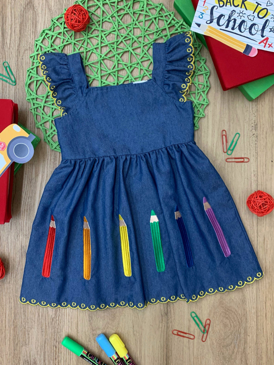Pencil Me Pretty Embroidered Denim Dress – Mia Belle Girls