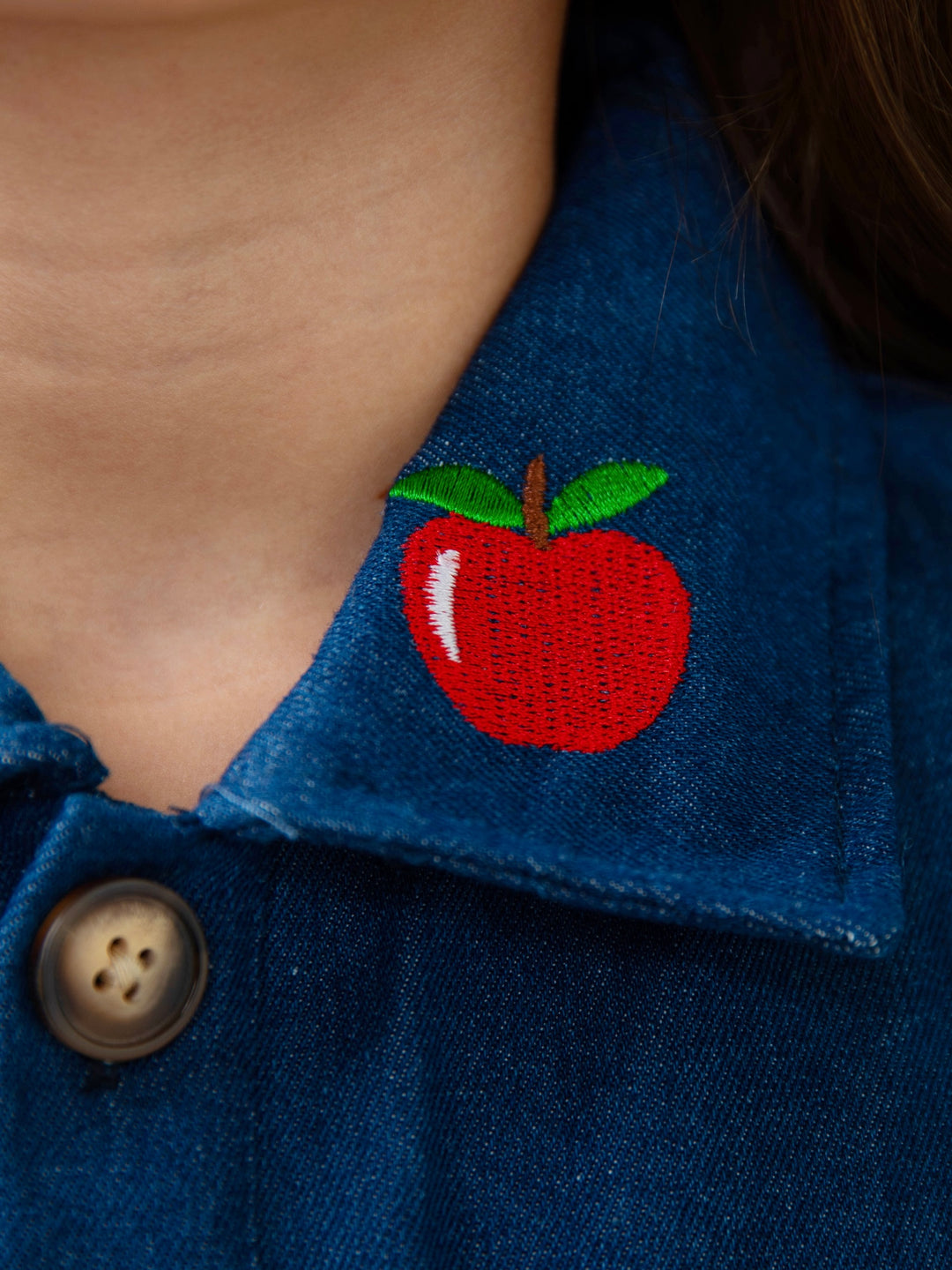 Apple Charm Denim Flutter Sleeve Dress