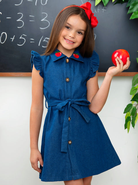 Apple Charm Denim Flutter Sleeve Dress