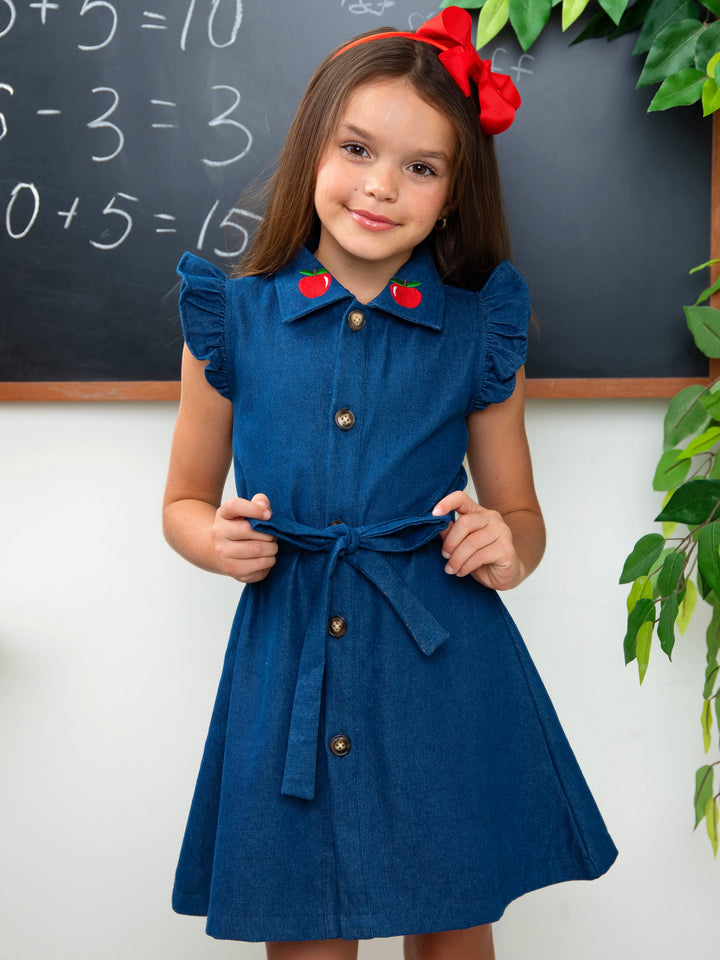 Apple Charm Denim Flutter Sleeve Dress