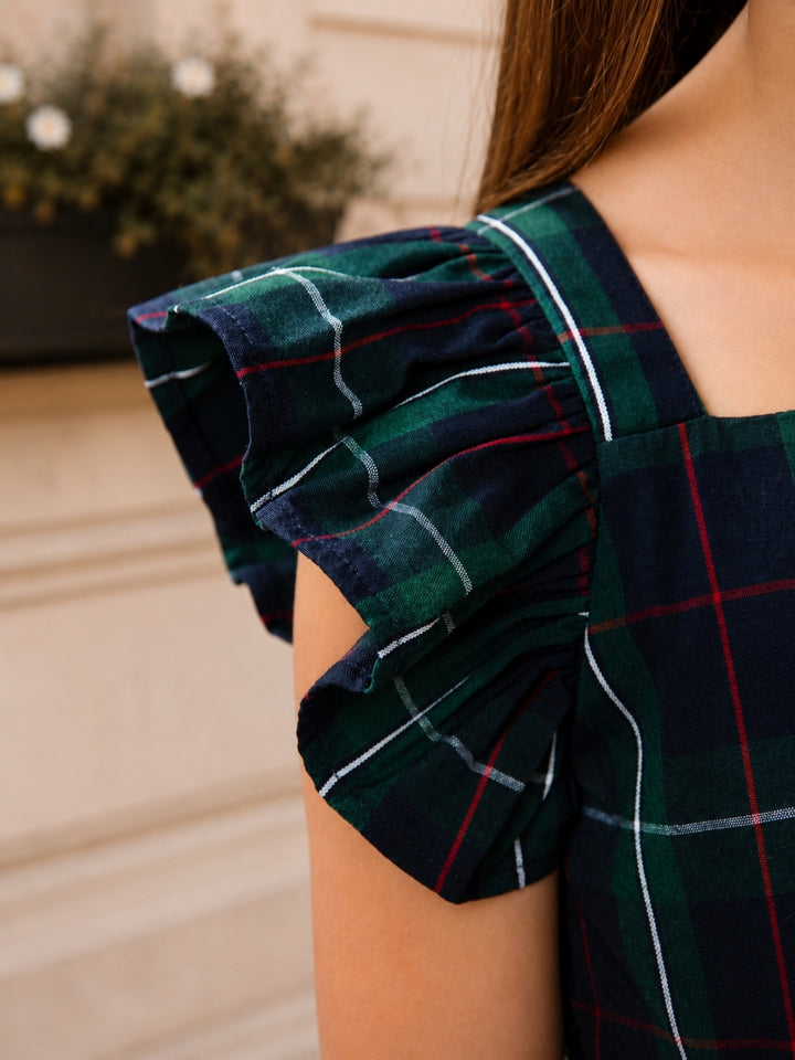 Tartan Twirl Navy Plaid Cotton Bow Ruffle Dress