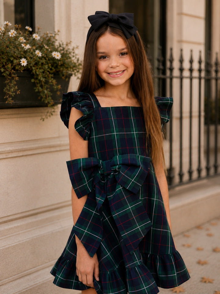Tartan Twirl Navy Plaid Cotton Bow Ruffle Dress