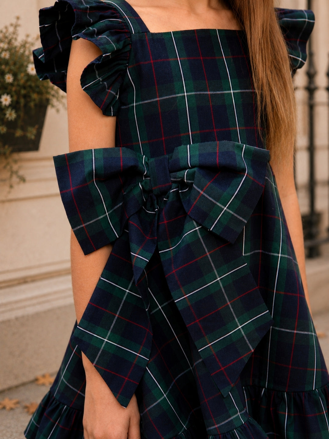 Tartan Twirl Navy Plaid Cotton Bow Ruffle Dress