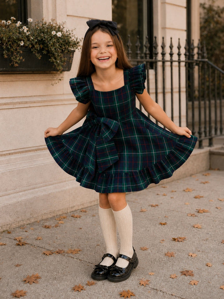 Tartan Twirl Navy Plaid Cotton Bow Ruffle Dress