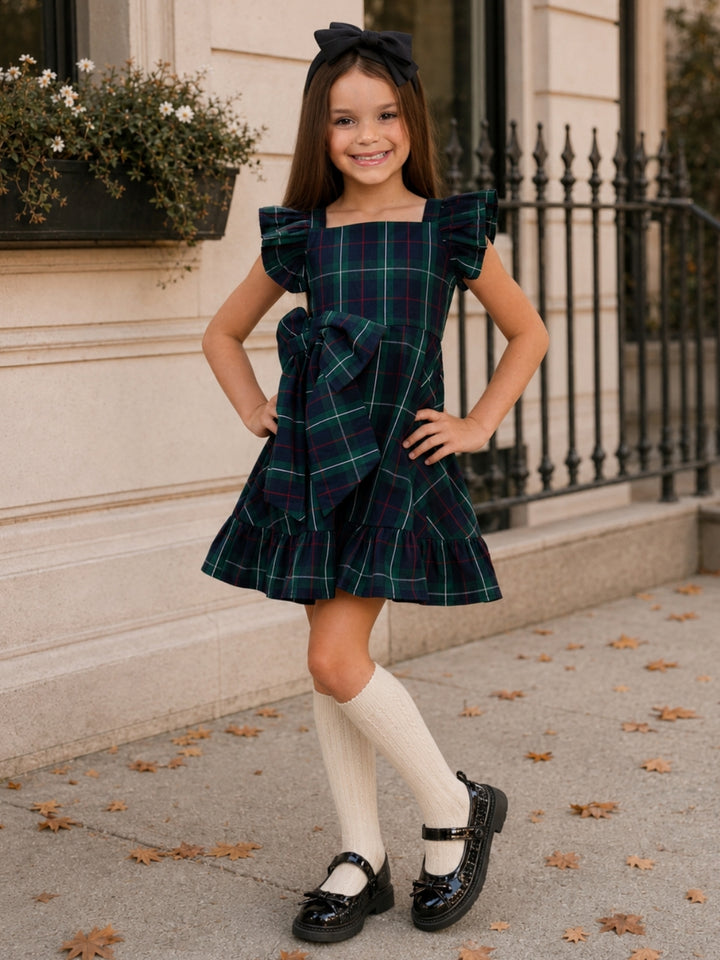 Tartan Twirl Navy Plaid Cotton Bow Ruffle Dress