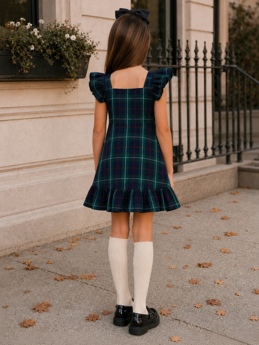 Tartan Twirl Navy Plaid Cotton Bow Ruffle Dress