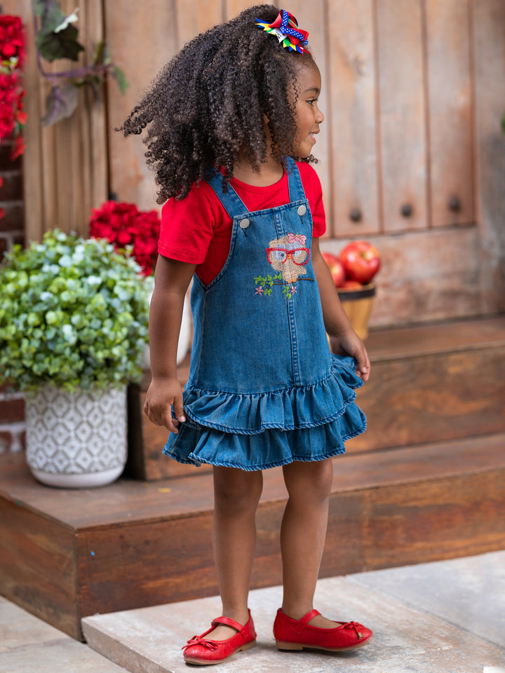 Owl Denim Overall Dress Set Mia Belle Girls