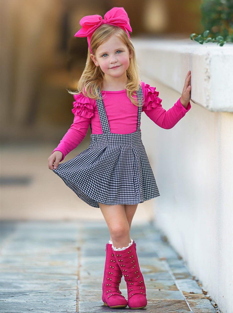 Mia Belle Girls Gingham Suspender Skirt Set | Toddler Outfits