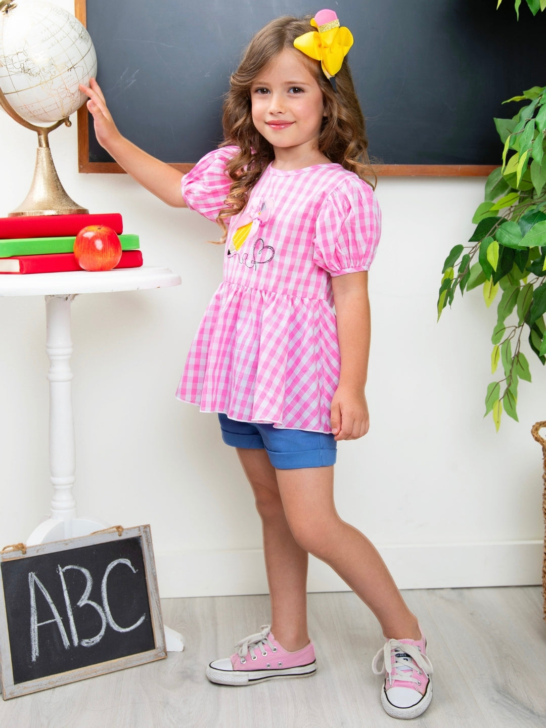 Write On Trend Pink Gingham Pencil Top & Denim Short Set
