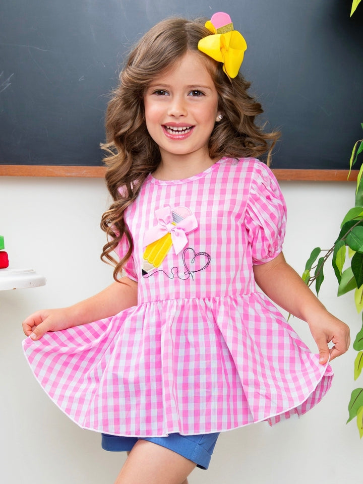Write On Trend Pink Gingham Pencil Top & Denim Short Set
