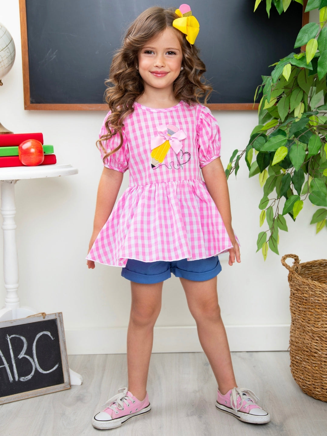 Write On Trend Pink Gingham Pencil Top & Denim Short Set