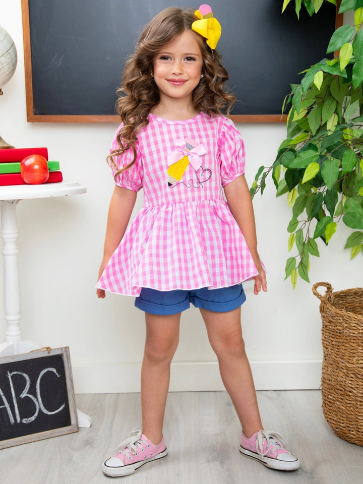 Write On Trend Pink Gingham Pencil Top & Denim Short Set