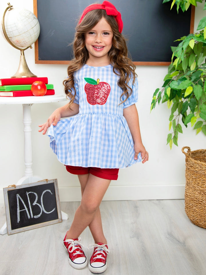 Sequin Apple Puff Sleeve Top & Red Short Set