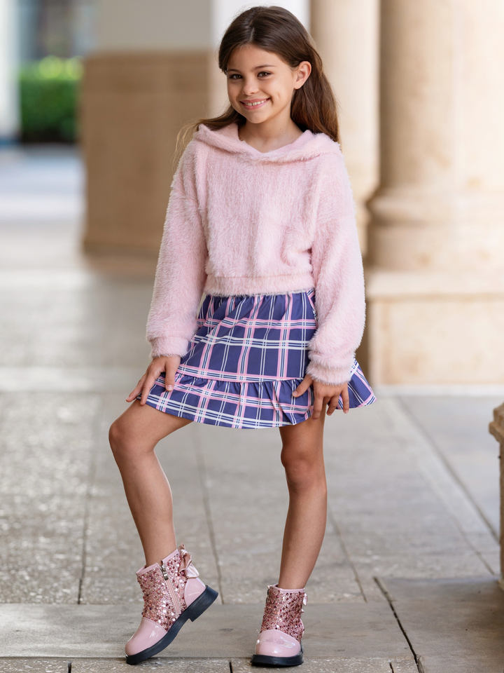 Cuddle Up Fuzzy Hoodie and Plaid Skirt Set