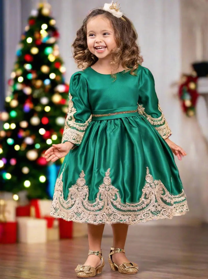 Girls Winter Formal Dress | Satin with Gold Embroidery Holiday Dress