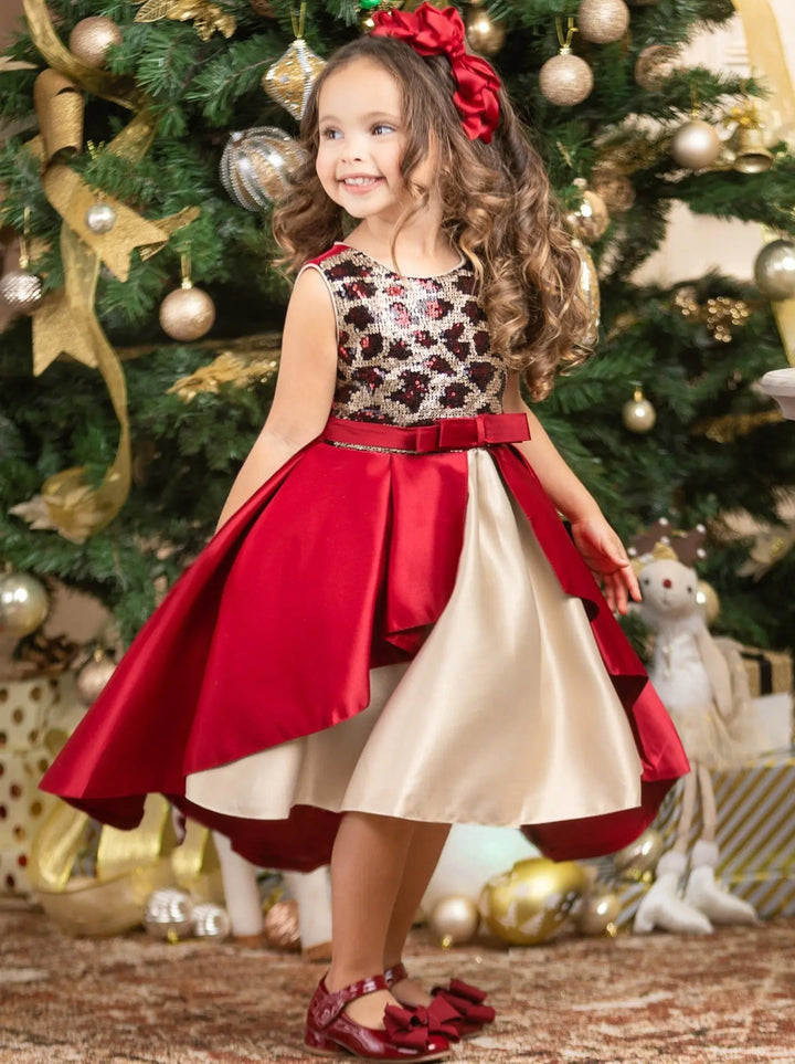 Girls Winter Formal Dress | Red And Gold Leopard Sequin Holiday Dress