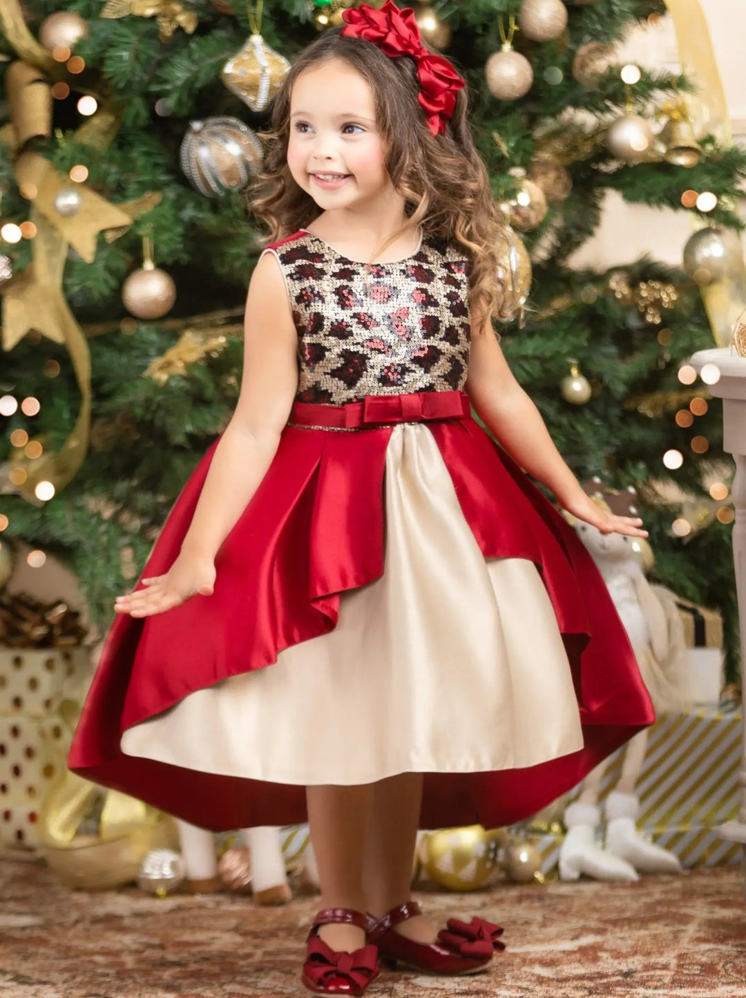 Girls Winter Formal Dress | Red And Gold Leopard Sequin Holiday Dress