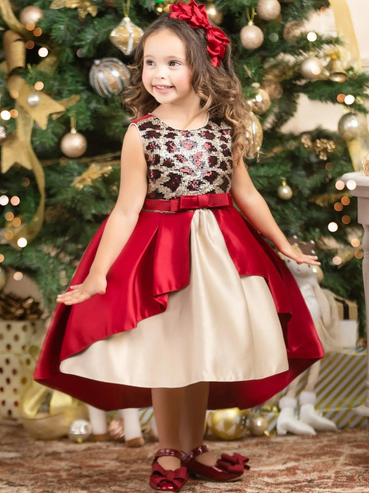 Girls Winter Formal Dress | Red And Gold Leopard Sequin Holiday Dress