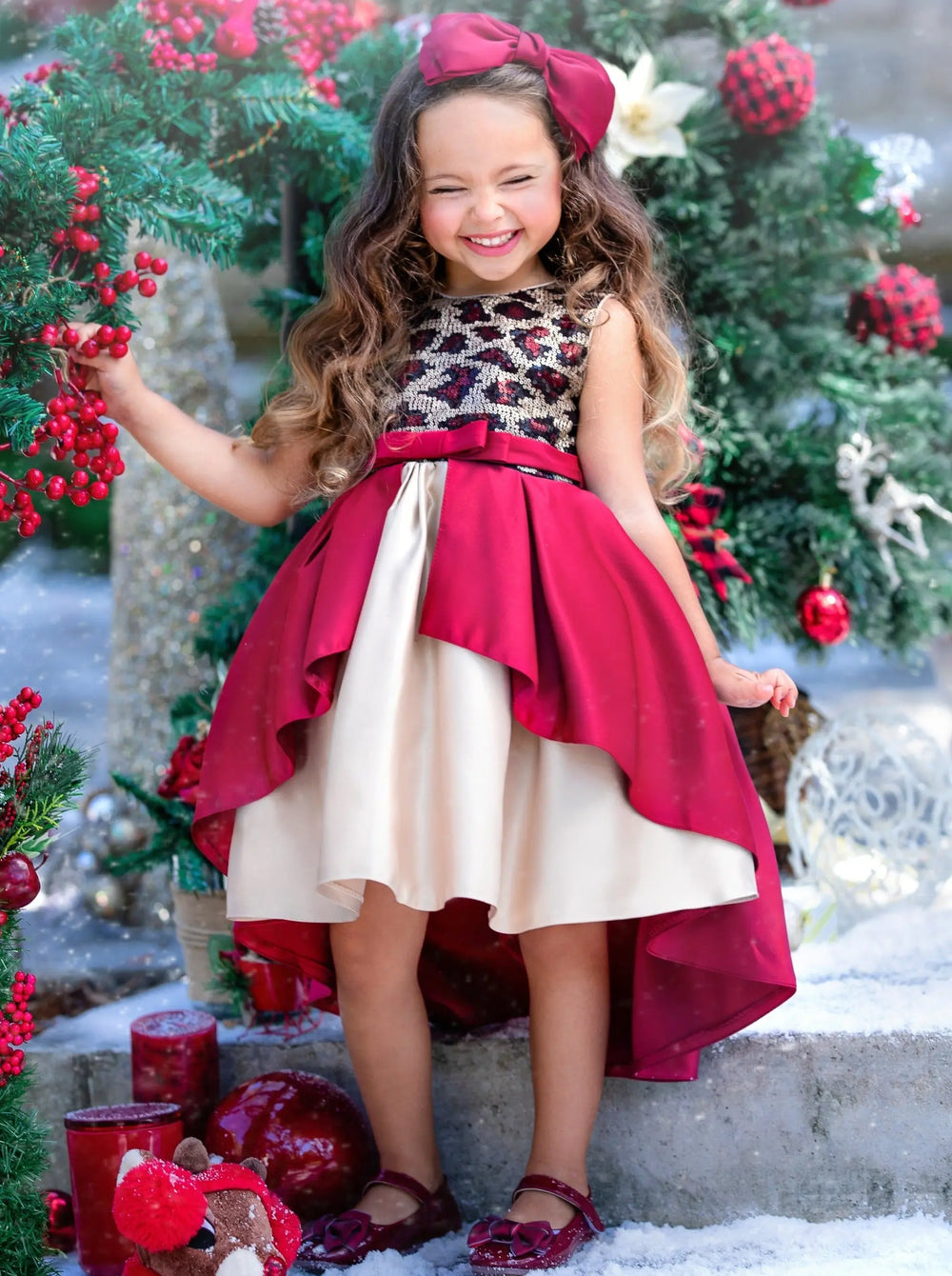 Girls Winter Formal Dress | Red And Gold Leopard Sequin Holiday Dress
