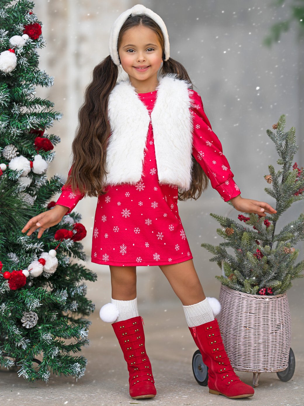 Festive Snowflake Christmas Dress and Faux Fur Vest Set Red / 2T