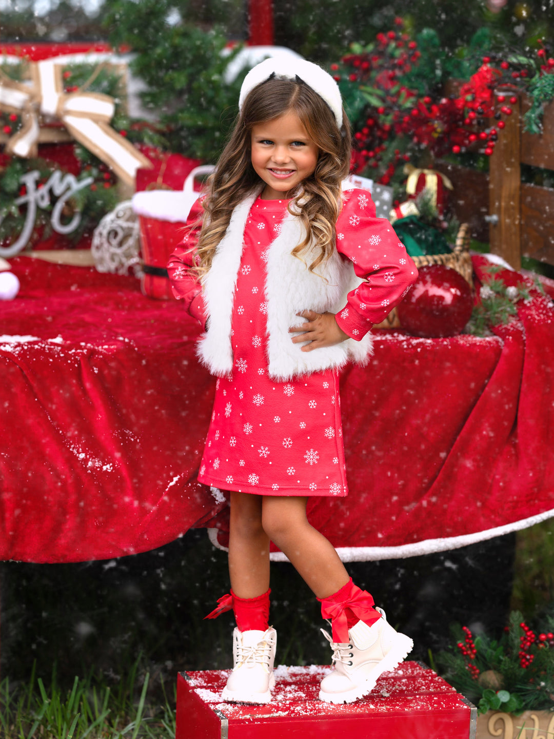 Festive Snowflake Christmas Dress and Faux Fur Vest Set Red / 2T