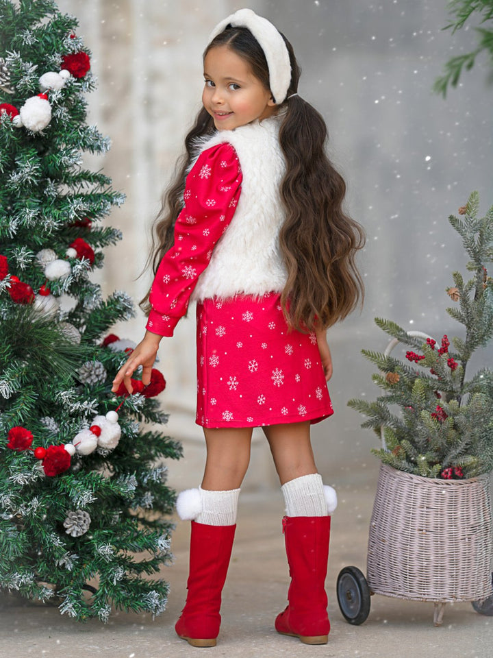 Festive Snowflake Christmas Dress and Faux Fur Vest Set Mia Belle Girls