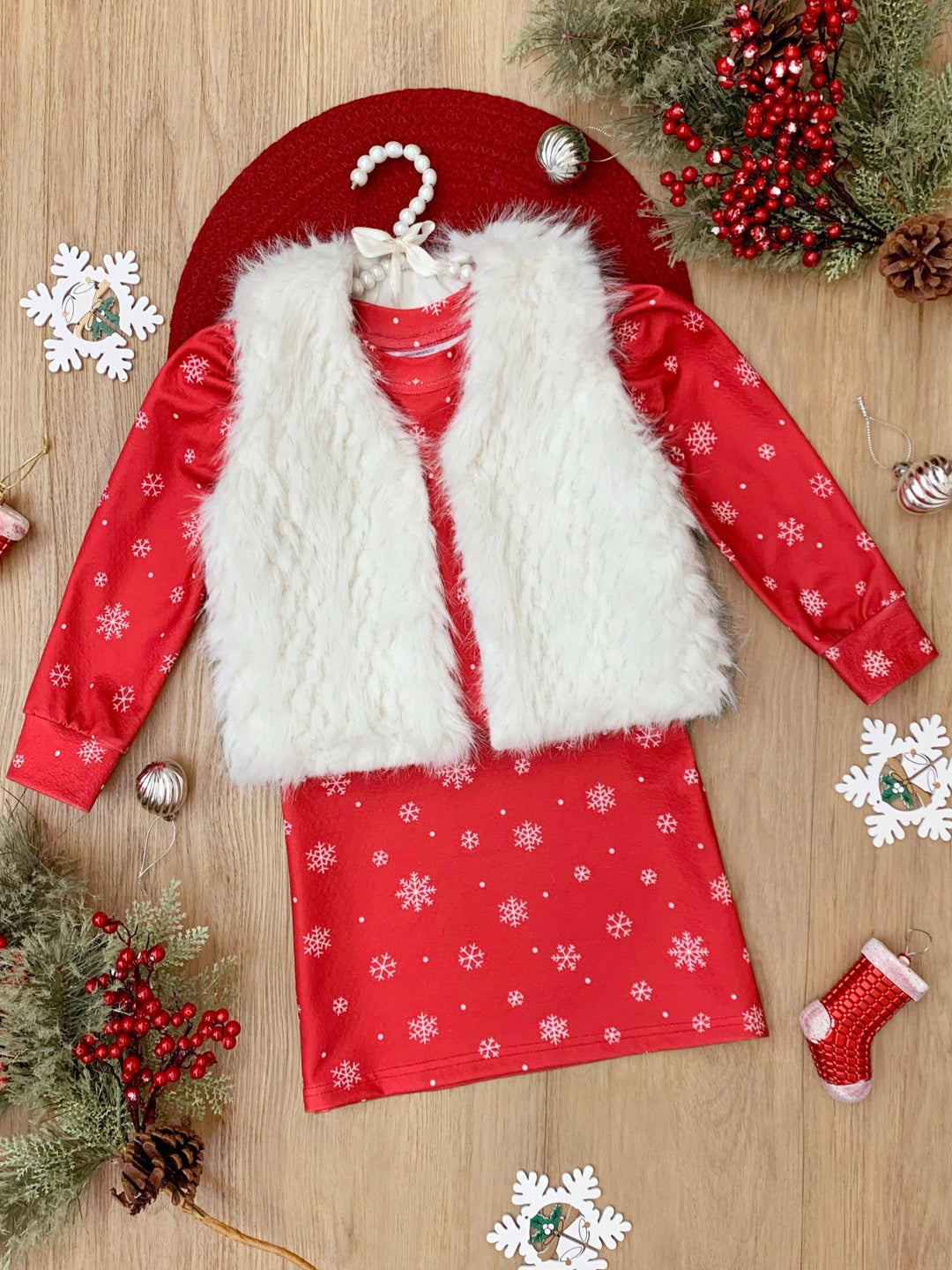 Festive Snowflake Christmas Dress and Faux Fur Vest Set Red / 2T