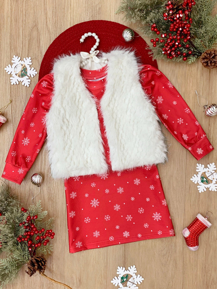 Festive Snowflake Christmas Dress and Faux Fur Vest Set Mia Belle Girls