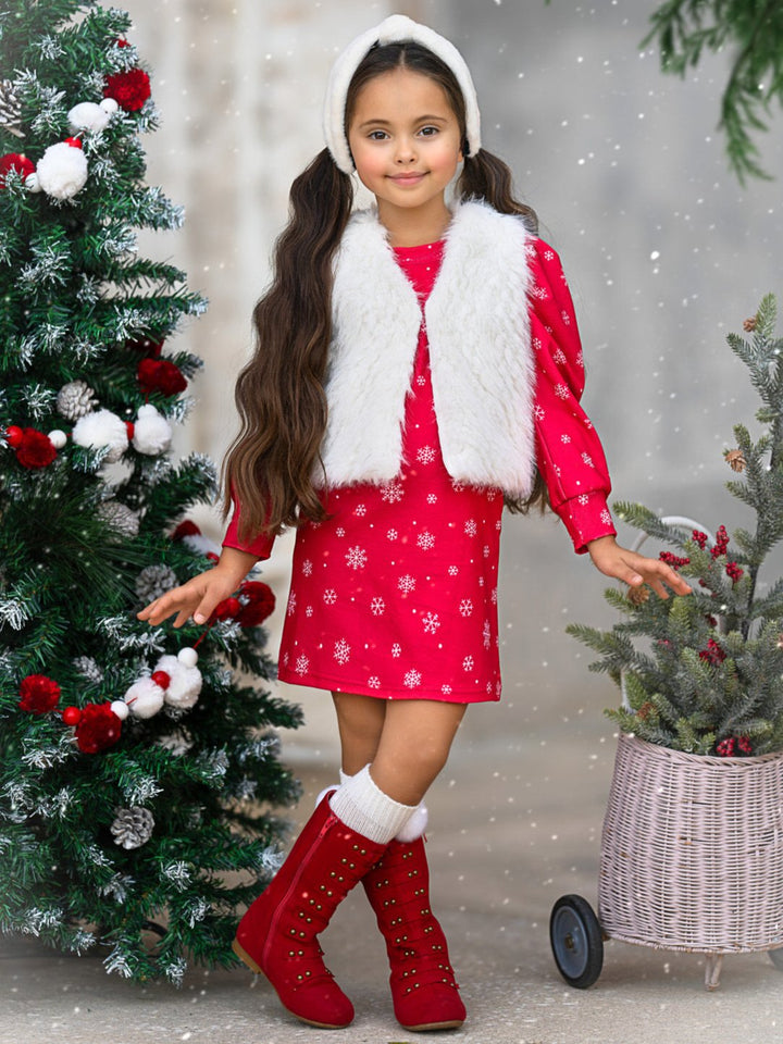Festive Snowflake Christmas Dress and Faux Fur Vest Set Mia Belle Girls