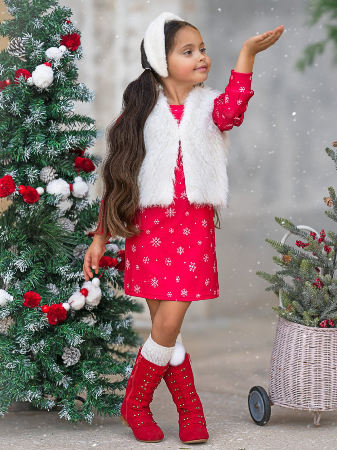 Festive Snowflake Christmas Dress and Faux Fur Vest Set Red / 2T