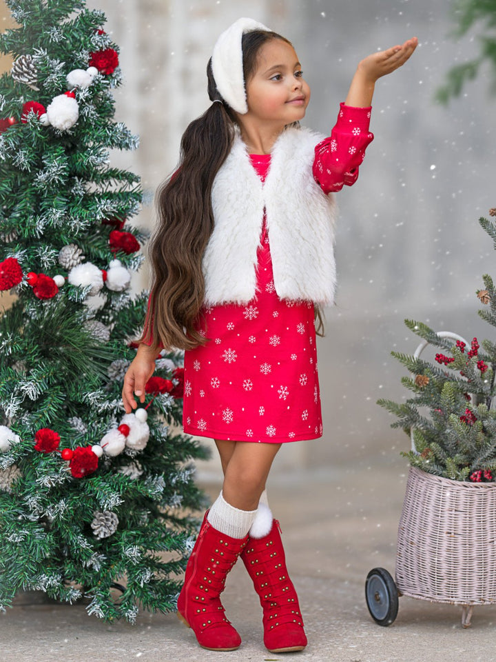 Festive Snowflake Christmas Dress and Faux Fur Vest Set Mia Belle Girls
