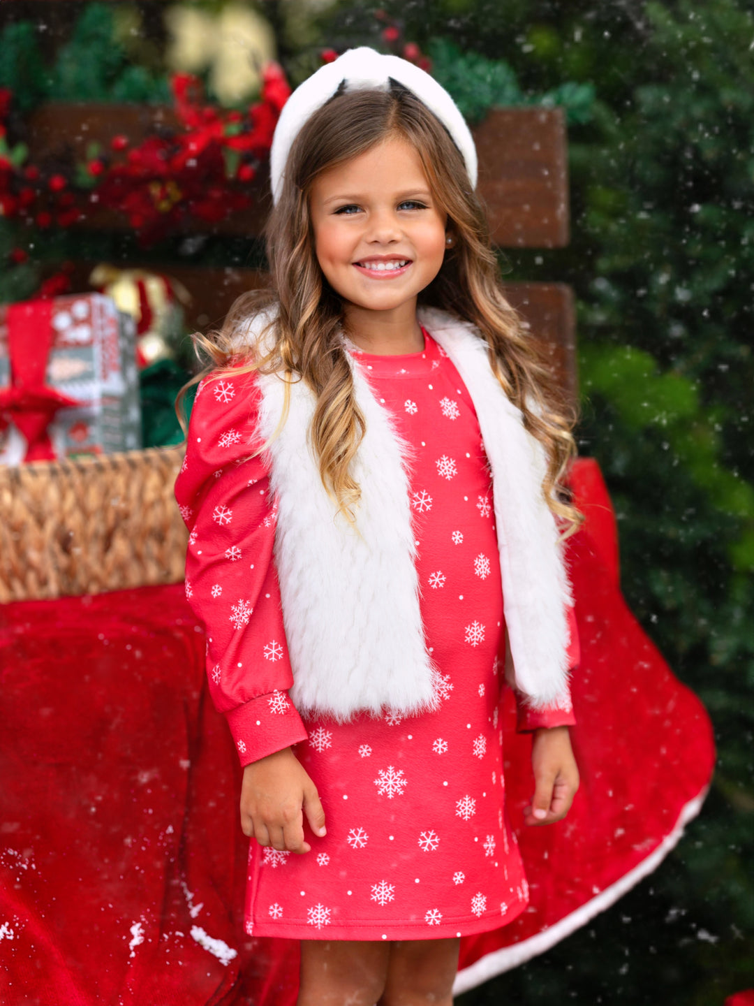 Festive Snowflake Christmas Dress and Faux Fur Vest Set Red / 2T