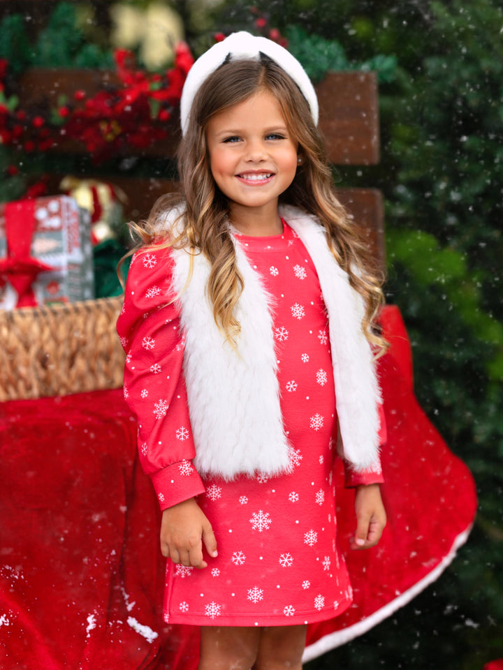 Festive Snowflake Christmas Dress and Faux Fur Vest Set Mia Belle Girls