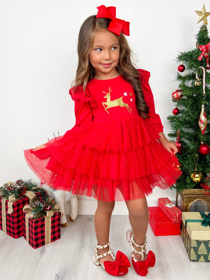 Golden Reindeer Ruffled Tutu Dress Mia Belle Girls