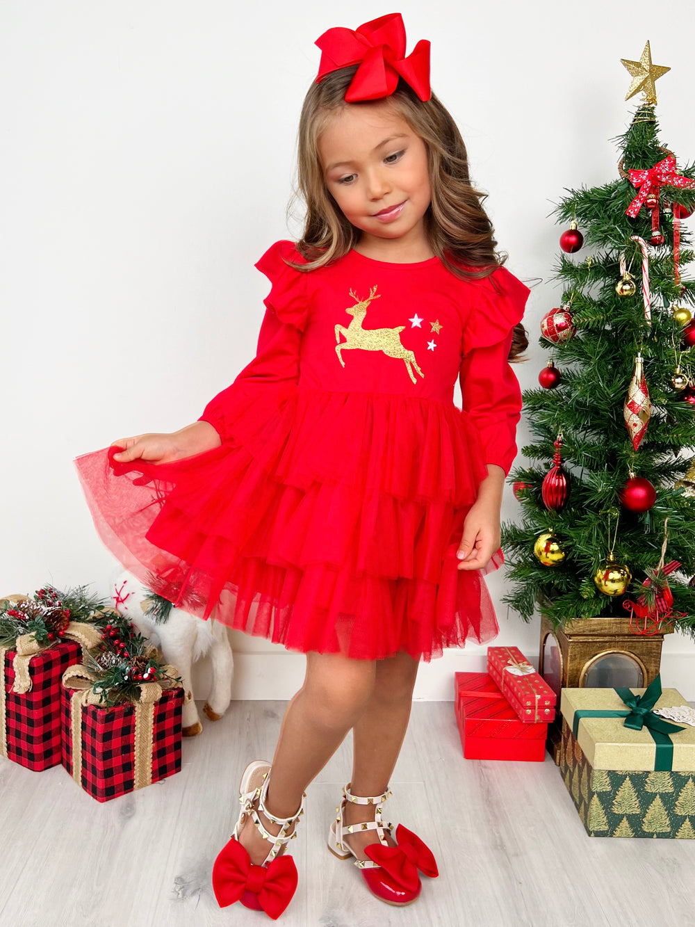 Golden Reindeer Ruffled Tutu Dress Mia Belle Girls