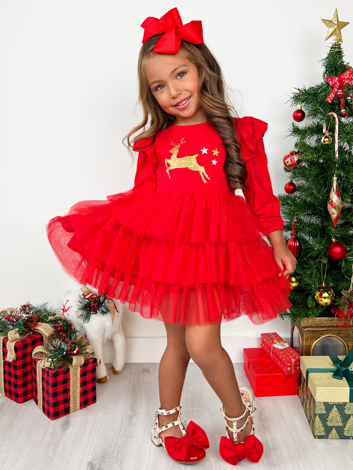 Golden Reindeer Ruffled Tutu Dress Mia Belle Girls