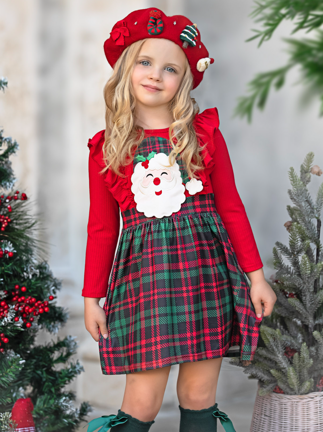 Santa Ruffled Plaid Long Sleeve Dress Mia Belle Girls