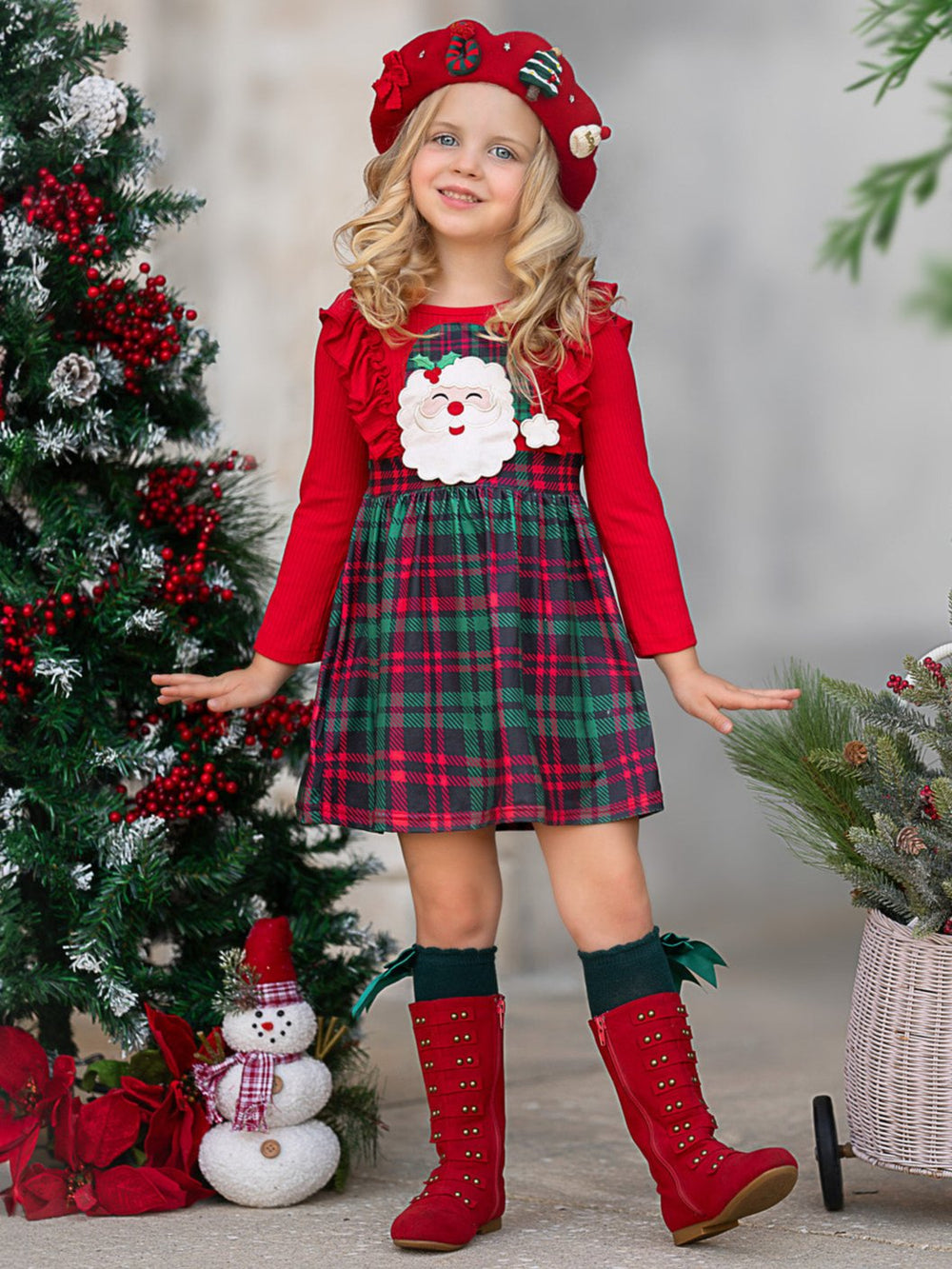 Santa Ruffled Plaid Long Sleeve Dress Mia Belle Girls